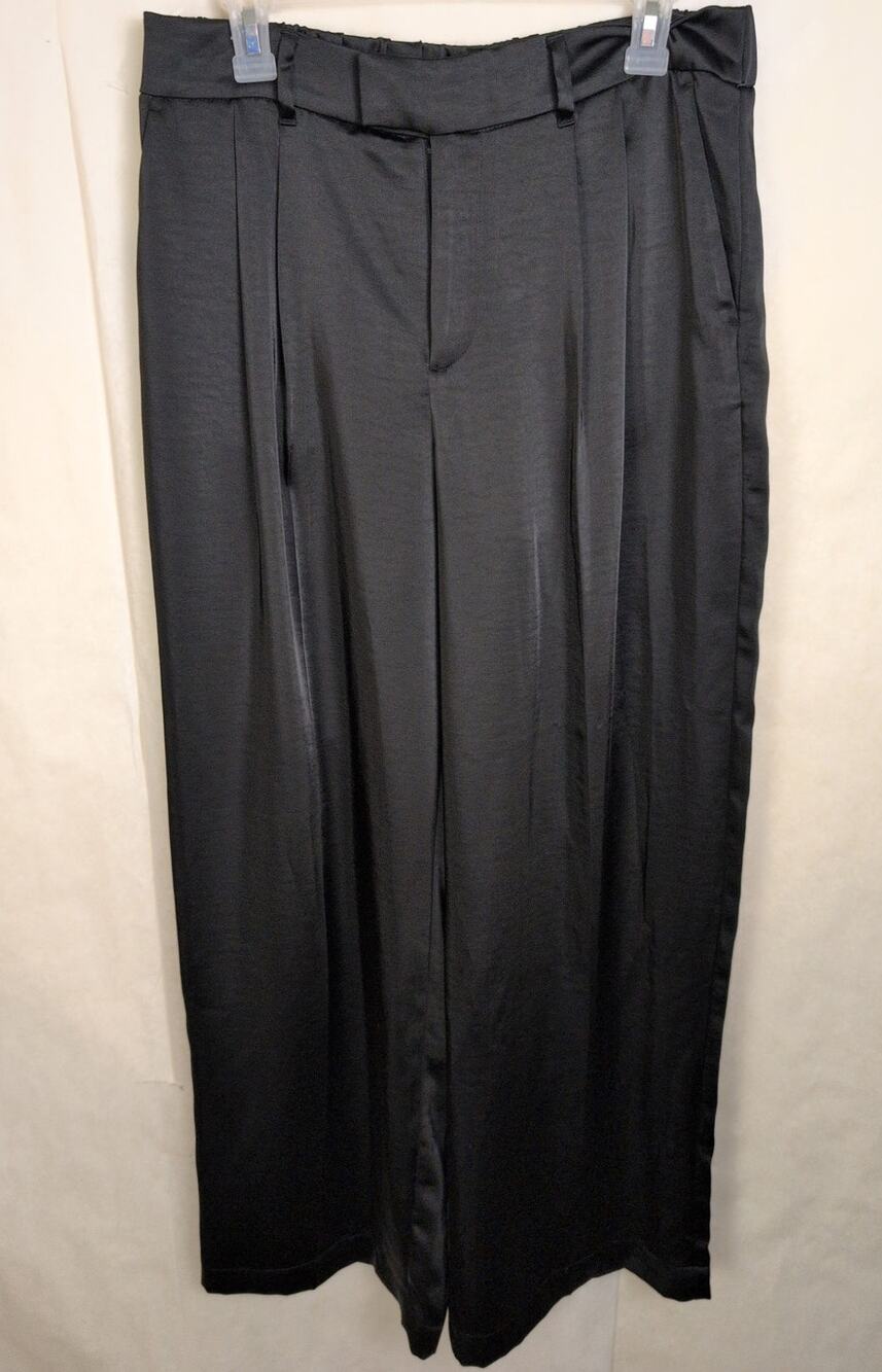 A New Day black satin wide leg pants Size 10 Glam Y2K Goth Minimal Classic